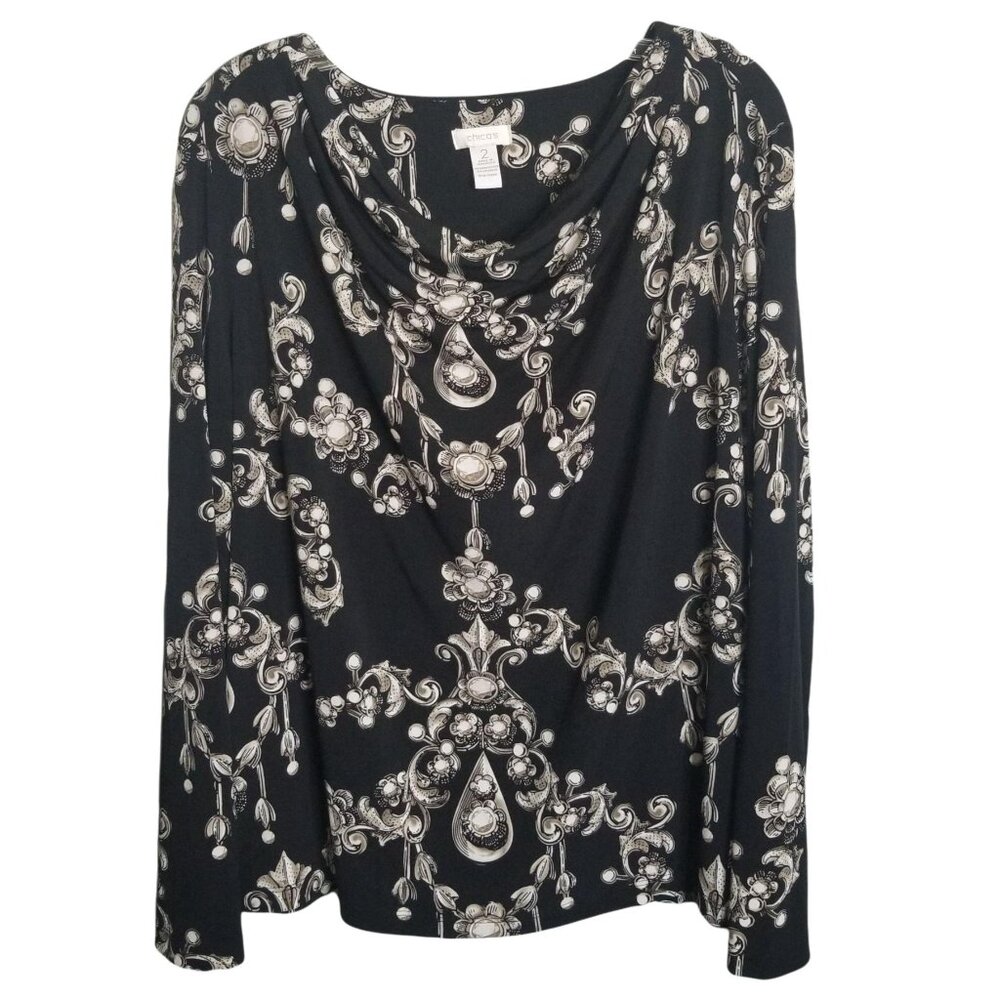 Chico's 2 Size L Blouse Draped Cowl Floral Jewel Print Stretch Pullover Shirt - Picture 2 of 6